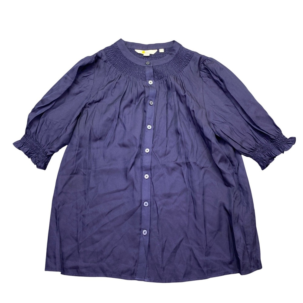 Boden T1050 Navy Blue Smocked Neck Silk Blend Puff Sleeve Blouse Top US 8